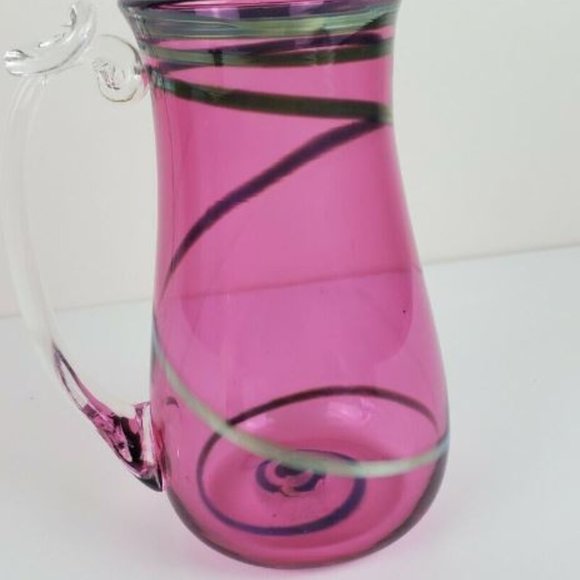 Hand Blown Pitcher 7" Shelve Art Glass Pink Silver Swirl Water Lemonade Juice - Picture 7 of 11